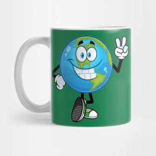 Smiling earth globe cartoon character showing peace hand sign Mug